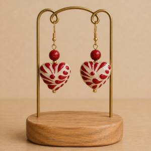 Boucles d'oreilles artisanales en céramique en forme de cœur avec des pierres naturelles. Couleur blanc et rouge. Elaborées au Mexique. Idées cadeaux femme.