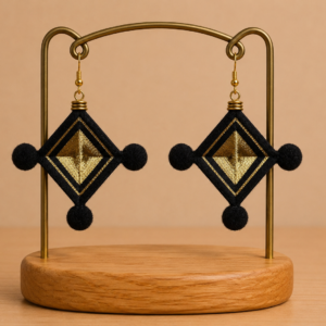 Boucles d'oreilles artisanales œil de Dieu avec des pompons. Couleur noir et doré. Elaborées au Mexique. Idées cadeaux femme