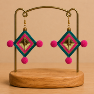 Boucles d'oreilles artisanales œil de Dieu avec des pompons. Couleur rose et bleu canard. Elaborées au Mexique. Idées cadeaux femme